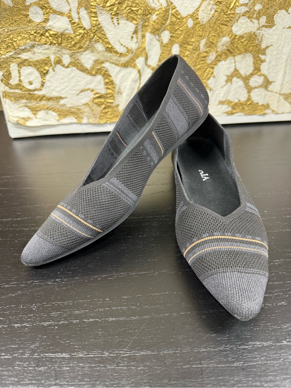 Vivaia Pointed Knit Flats in Black with Tan Accents